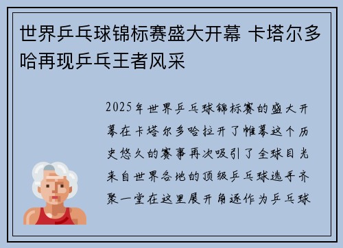 世界乒乓球锦标赛盛大开幕 卡塔尔多哈再现乒乓王者风采 世界乒乓球锦标赛盛大开幕 卡塔尔多哈再现乒乓王者风采