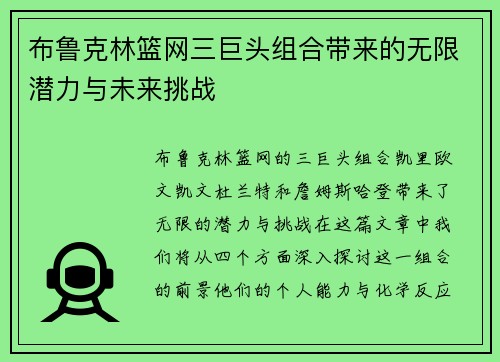 布鲁克林篮网三巨头组合带来的无限潜力与未来挑战 布鲁克林篮网三巨头组合带来的无限潜力与未来挑战