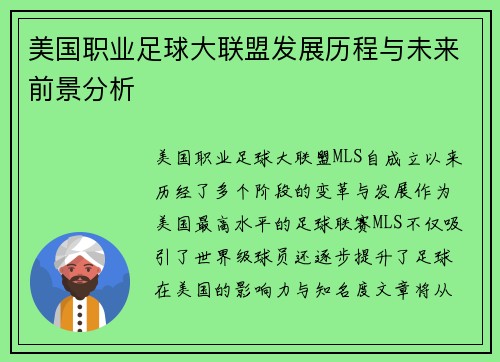 美国职业足球大联盟发展历程与未来前景分析 美国职业足球大联盟发展历程与未来前景分析
