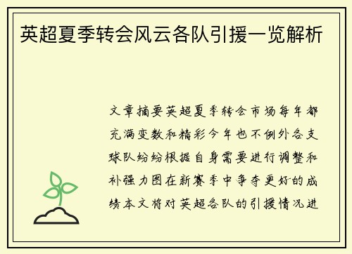 英超夏季转会风云各队引援一览解析 英超夏季转会风云各队引援一览解析